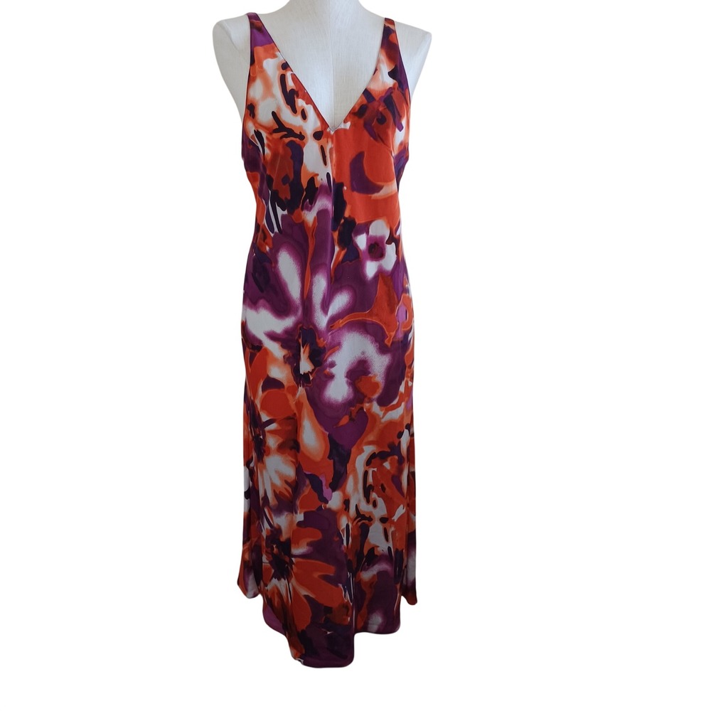 Natori Womens Abstract Floral Maxi Lounge Gown Orange Purple V-Neck Sleeveless M